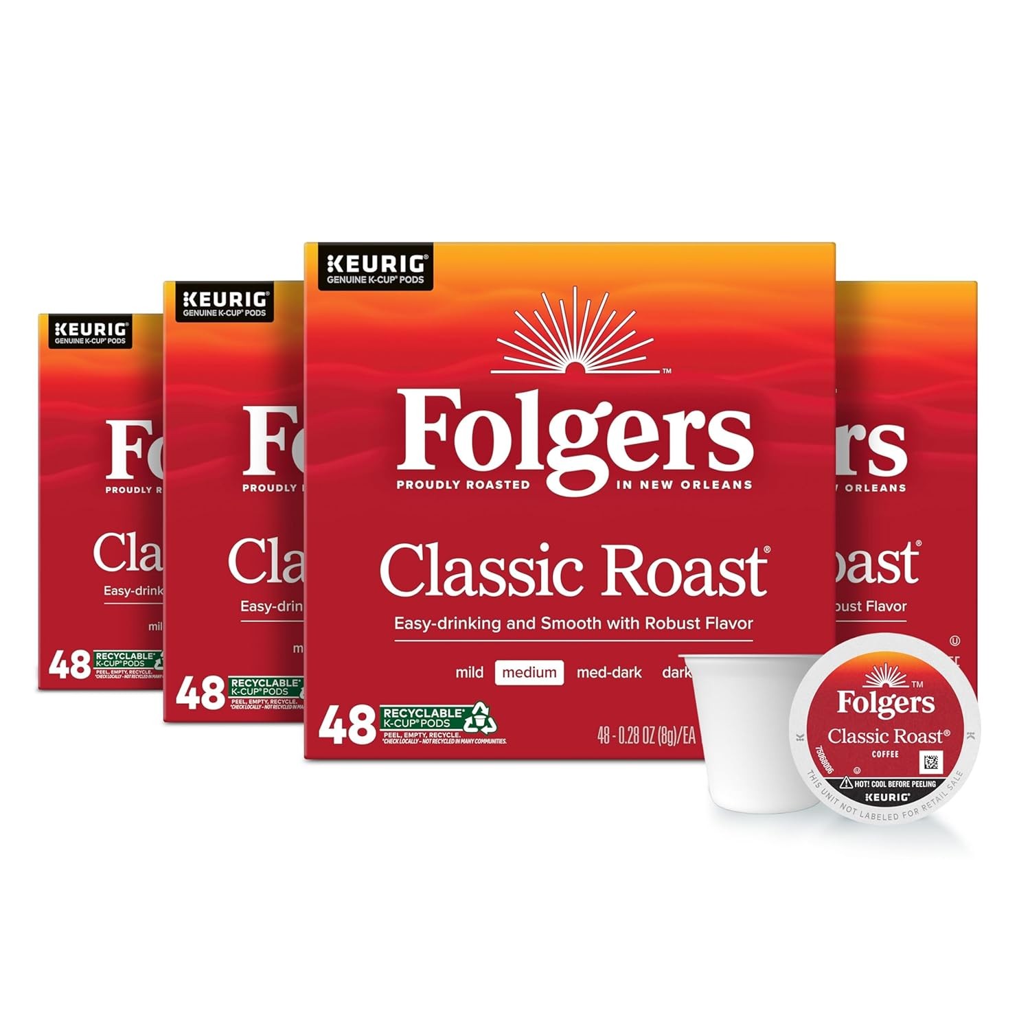 Folgers Classic Roast, Medium Roast Coffee, Keurig K-Cup Pods, 48 Count Boxes