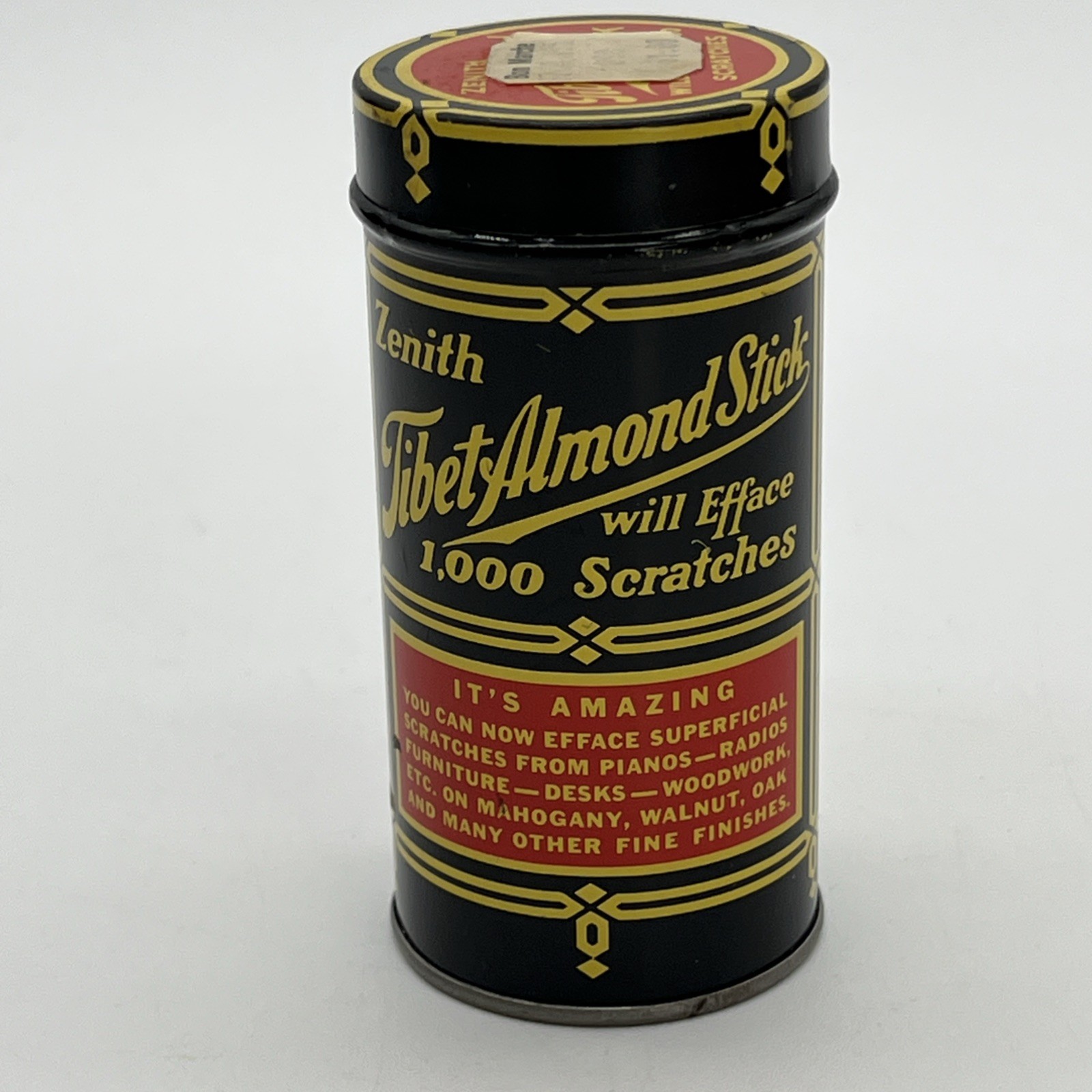 Zenith Tibet Almond Stick Tin With Contents 3 1/2″ Tall Wood Scratch Vintage