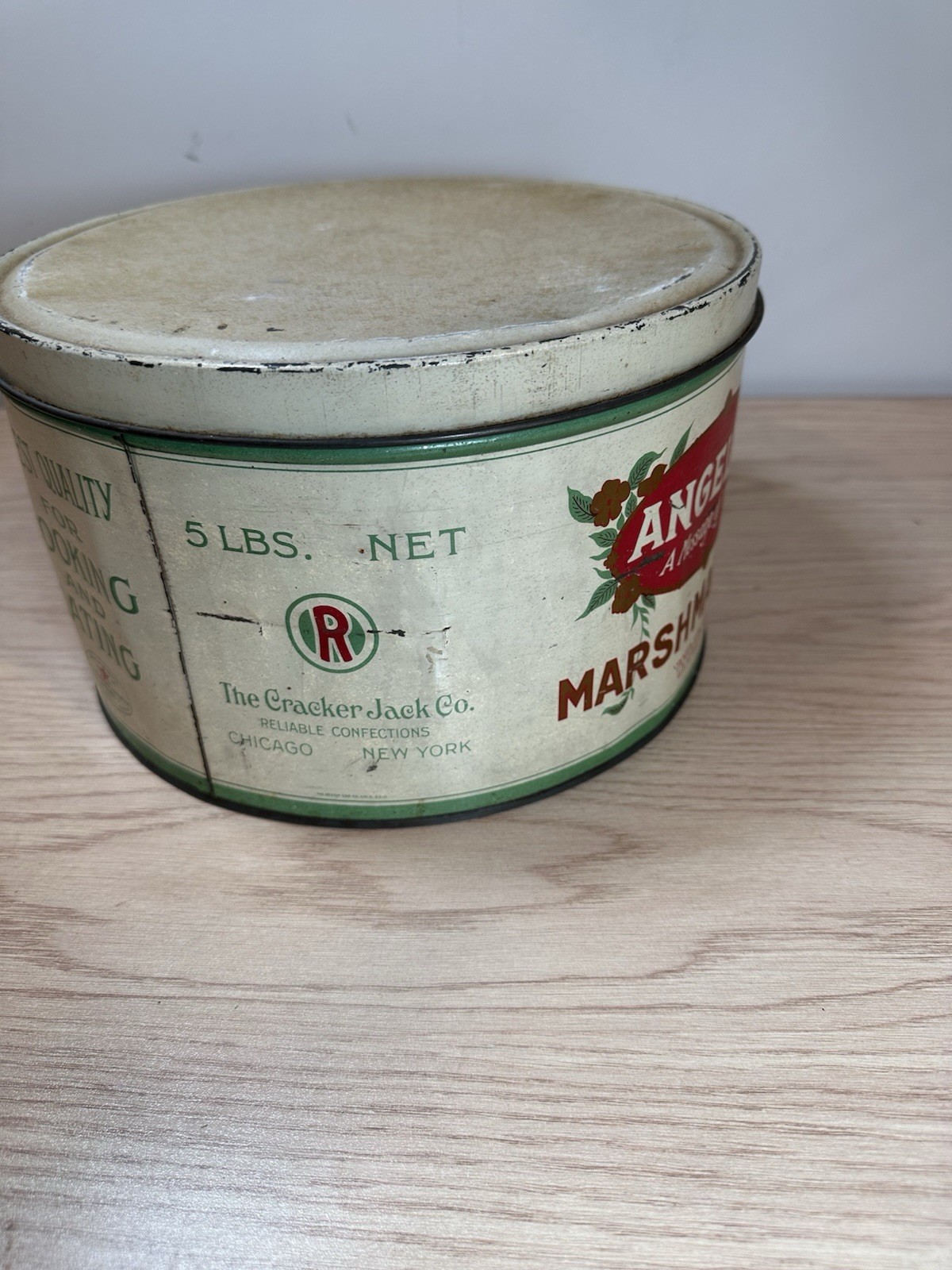 Antique Angelus Marshmallows tin, 5 LB, Cracker Jack Co., vintage, a beauty