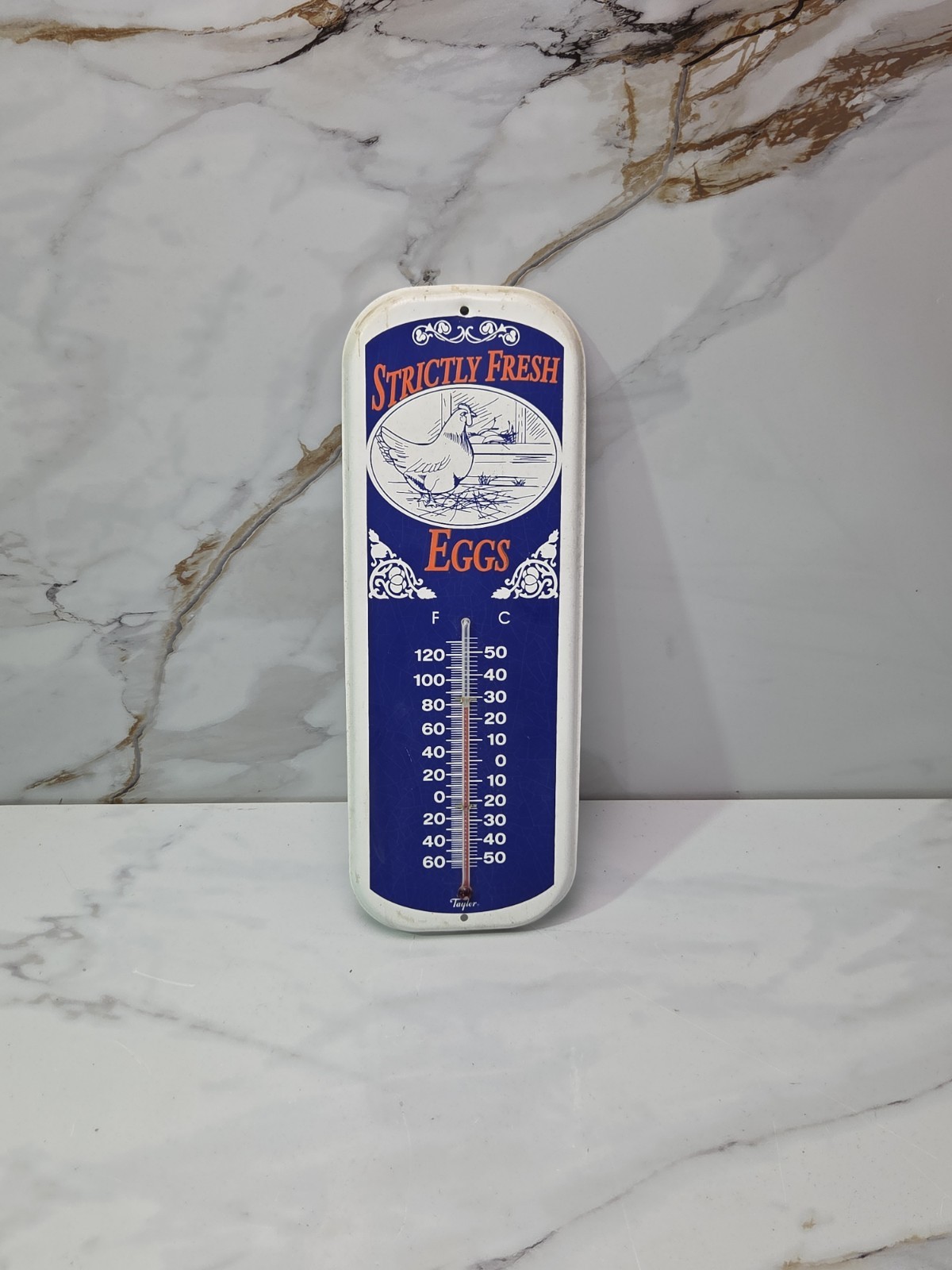VINTAGE Strictly Fresh Eggs CHICKEN CHICKS ROOSTER HEN metal Thermometer 16″x6″