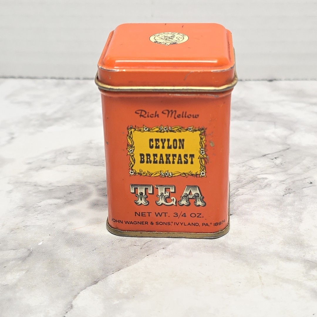 Vintage John Wagner & Sons Rich Mellow Ceylon Breakfast Tea Tin Orange 3/4 Oz