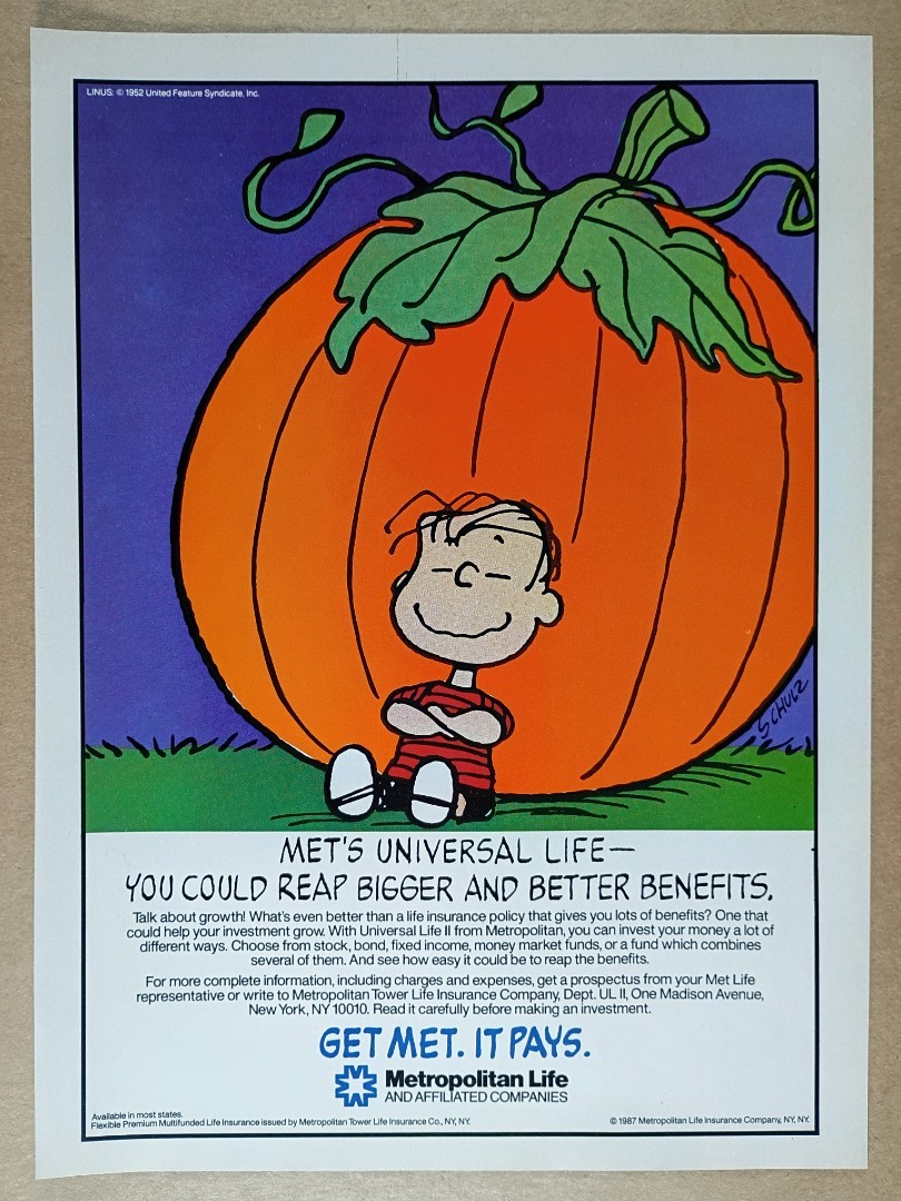 1987 Met Life Universal Insurance linus pumpkin artwork vintage print Ad