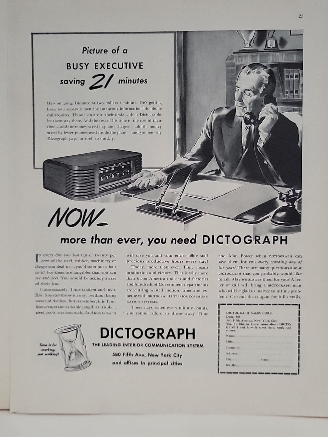 1942 Dictograph Fortune WW2 Print Ad Q2 Interior Communication System Executive