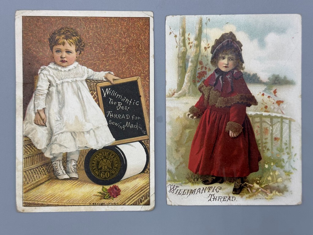 1880s WILLIMANTIC THREAD Sewing Victorian Girls Advertising Trade Card Antique
