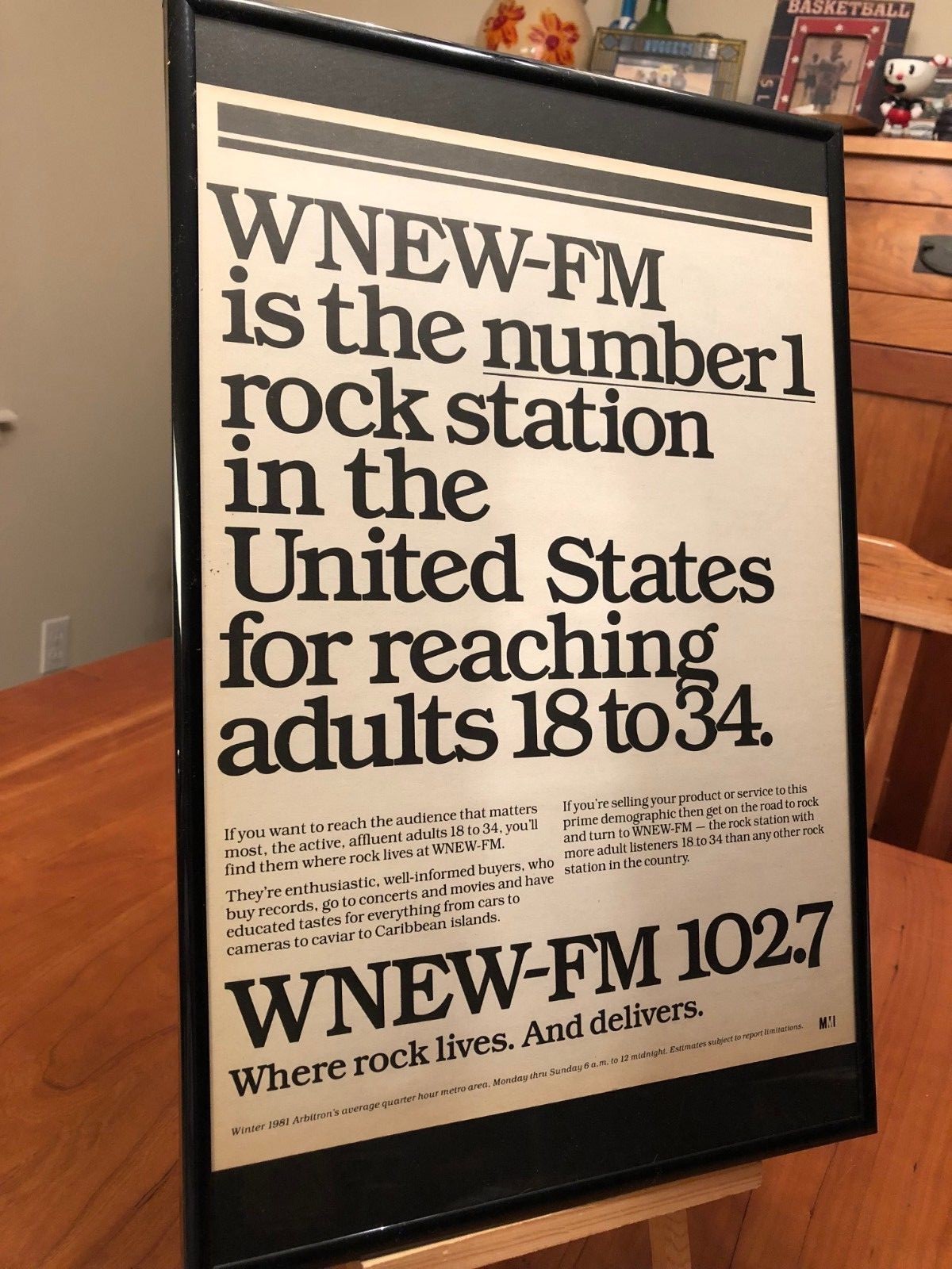BIG 11X17 FRAMED ORIGINAL WNEW 102.7 FM NEW YORK CITY RADIO STATION PROMO AD