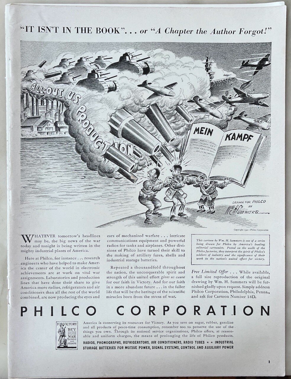 1942 magazine ad for Philco Corp. – U.S. war production “isn’t in book”, Summers