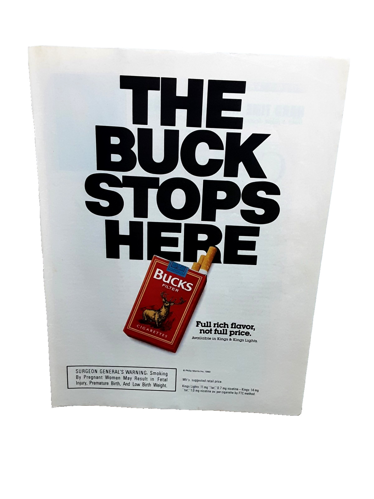1990 Bucks Cigarettes Ad The Buck Stops Here Vintage Tobacco Print