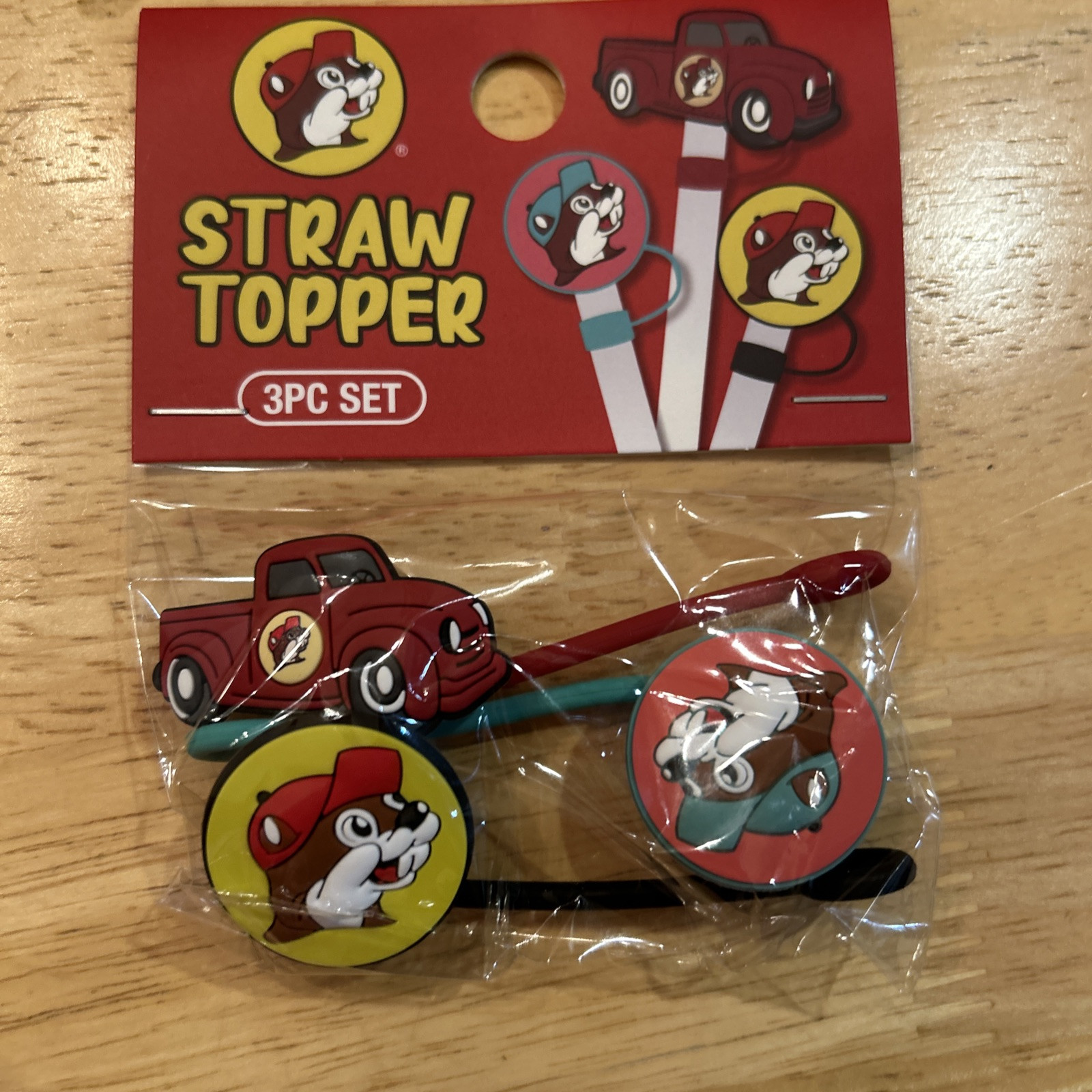 Buc-ee’s Straw Topper 3 piece set – New in Package – Red Truck, Logo