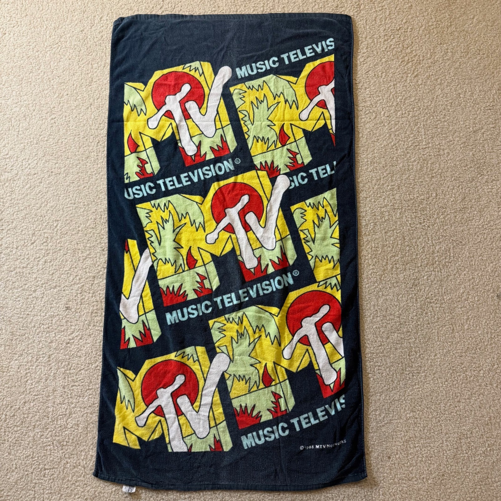 Vintage 1988 MTV Viacom Music Television Beach Towel Logo 29″x54″ Rare HTF 80s