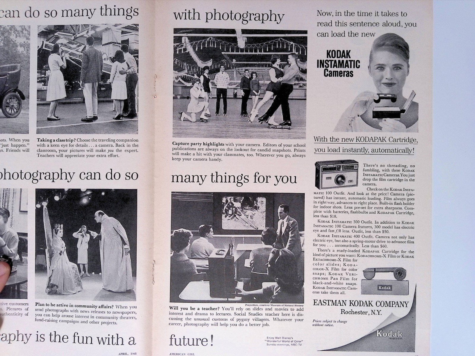 1964 Kodak Instamatic Camera Photography Print Ad American Girl April Two Pages