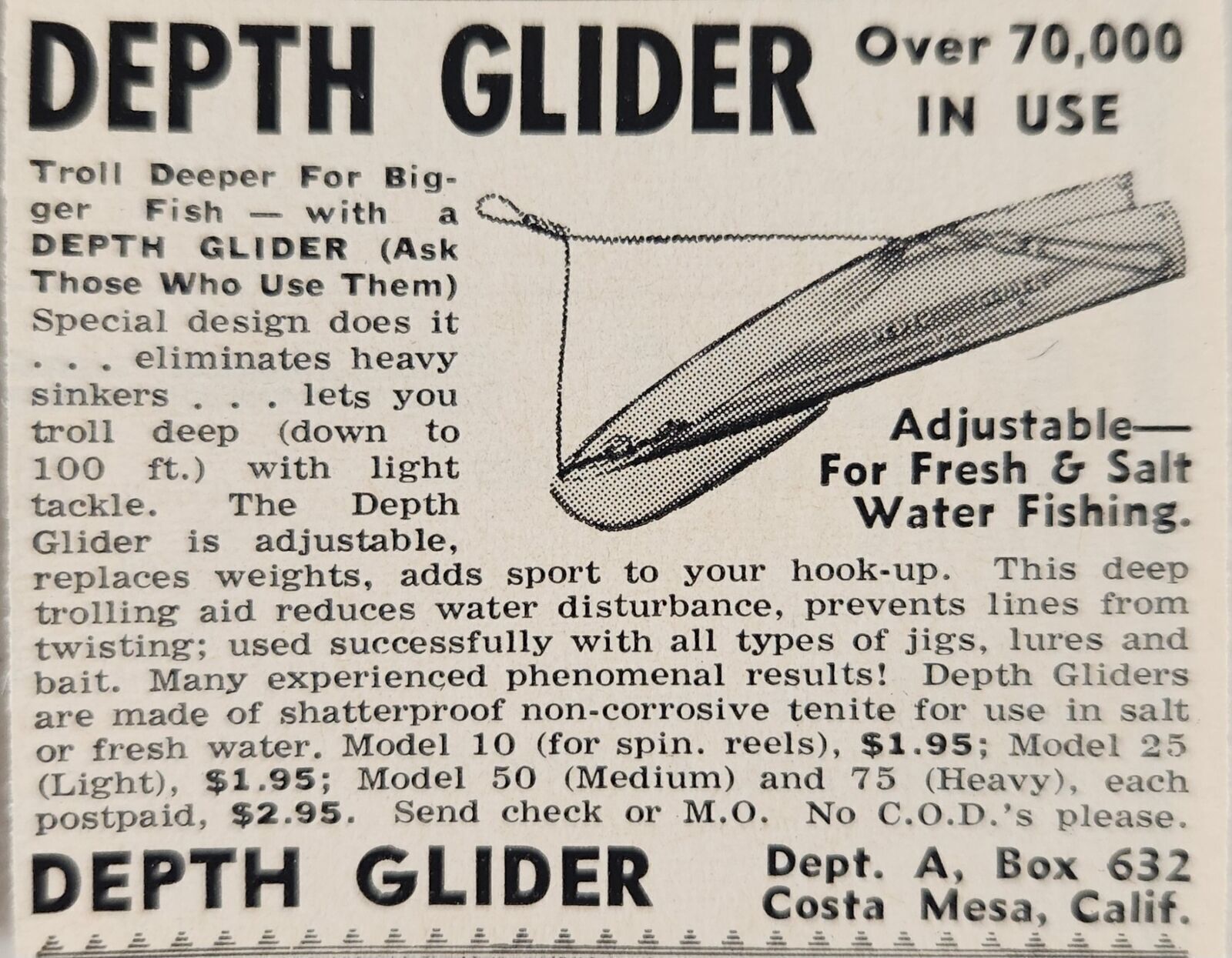 1958 Print Ad Depth Glider Troll for Bigger Fish Fresh,Salt Water Costa Mesa,CA