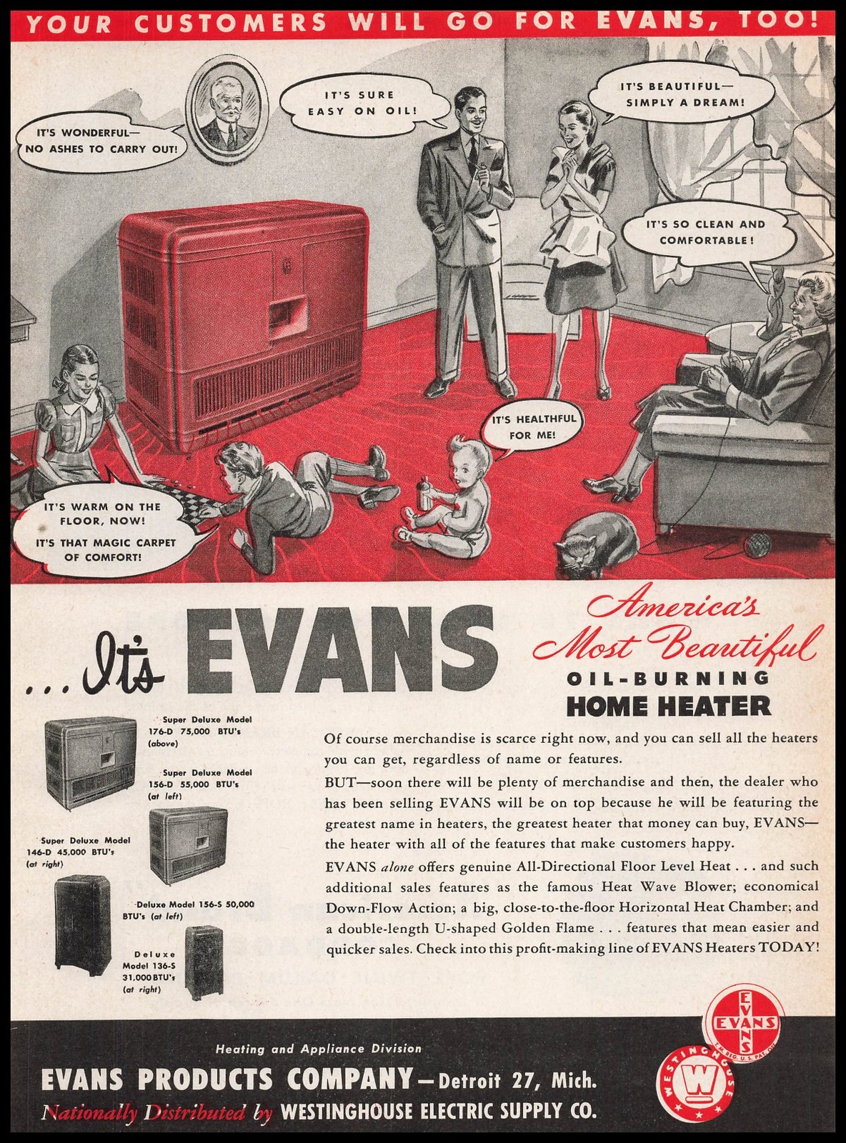 1946 Evans Products Detroit Oil Burning Heaters Nuclear Family Vintage Print Ad