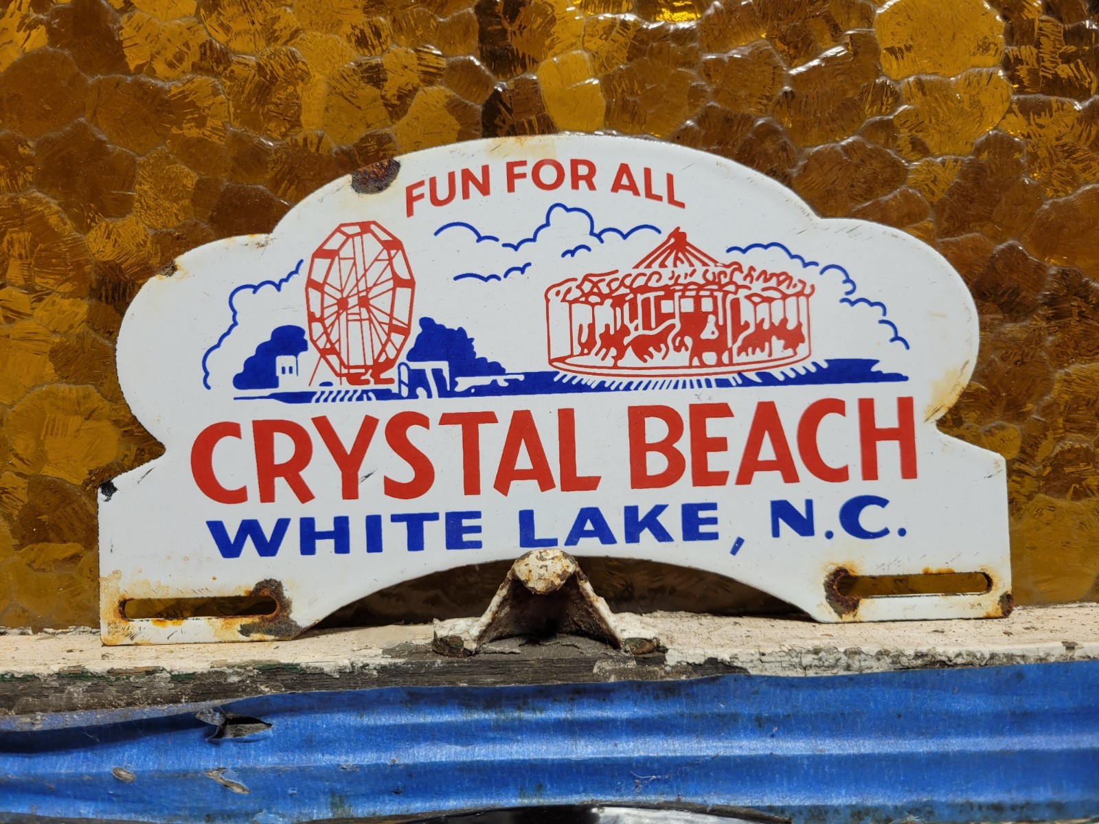 VINTAGE NORTH CAROLINA PORCELAIN SIGN OLD CRYSTAL BEACH CARNIVAL FAIR TAG TOPPER