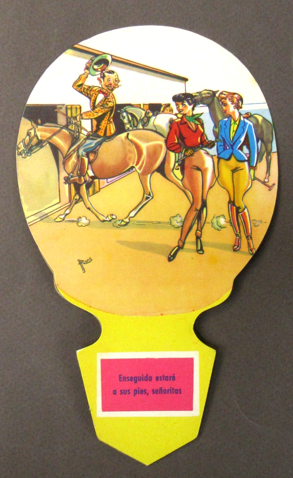 HORSES antique cardboard hand fan advertising Eduardo Delage BRANDY Spain