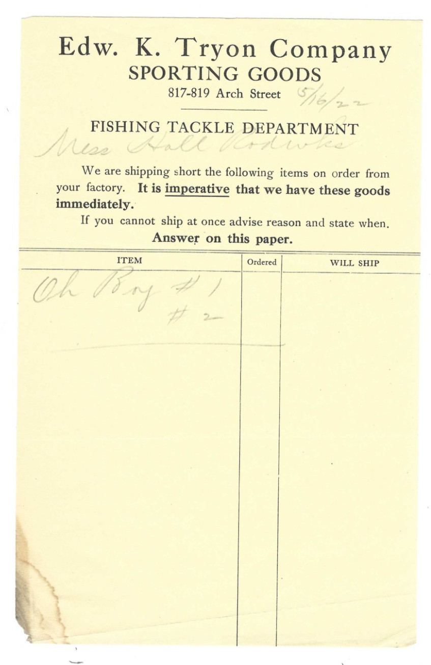 1922 Advertising Invoice Edward Tryon Co Sporting Goods Fishing Tackle Phila PA