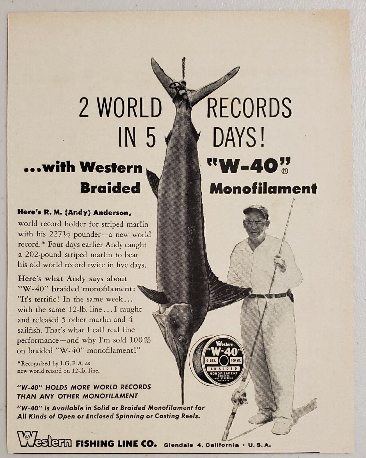 1957 Print Ad Western Fishing Line World Record Striped Marlin Glendale,CA