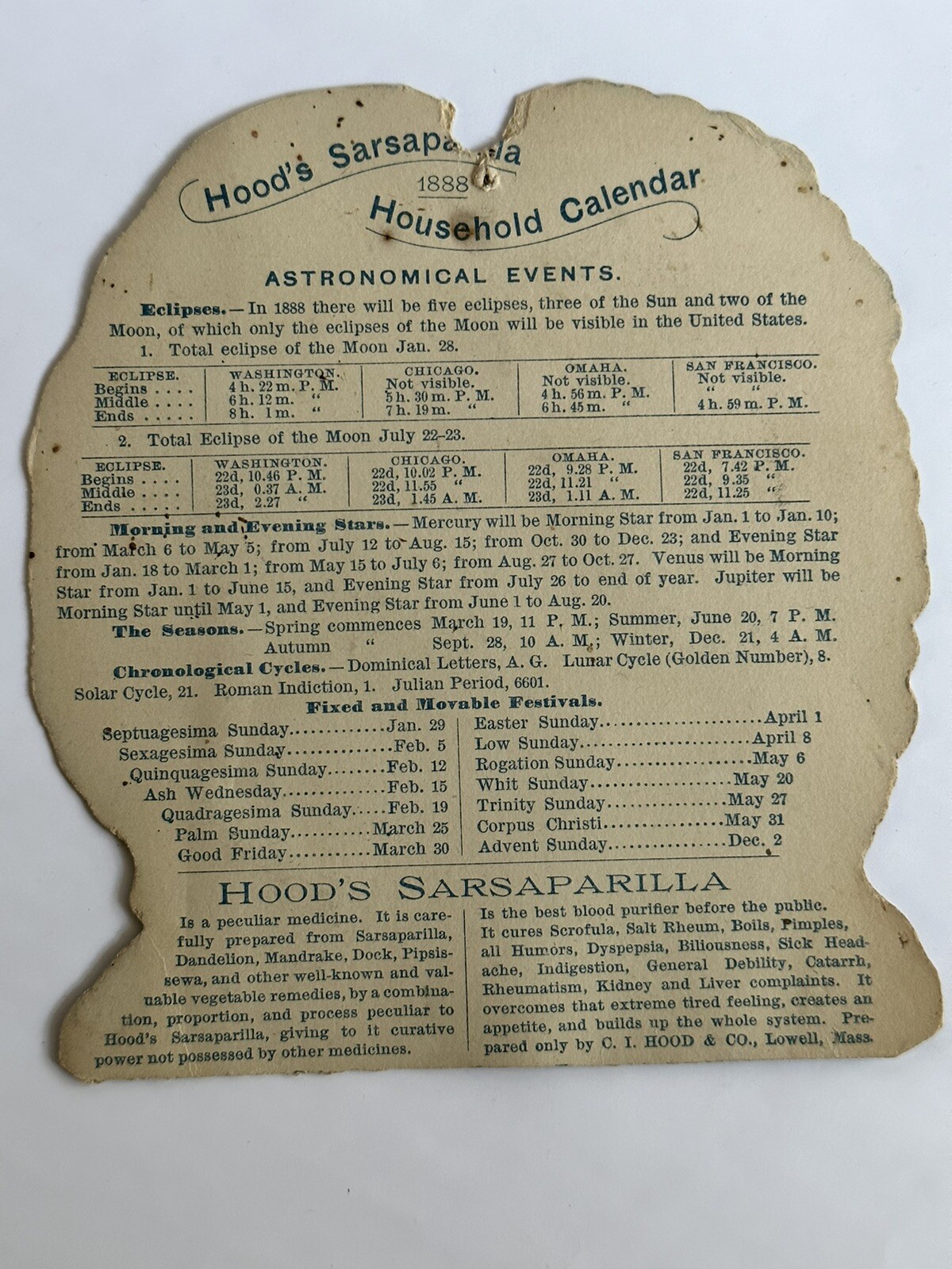 VICTORIAN TRADE CARD HOOD’S SARSAPARILLA LOWELL MA Peculiar Medicine Prang A96