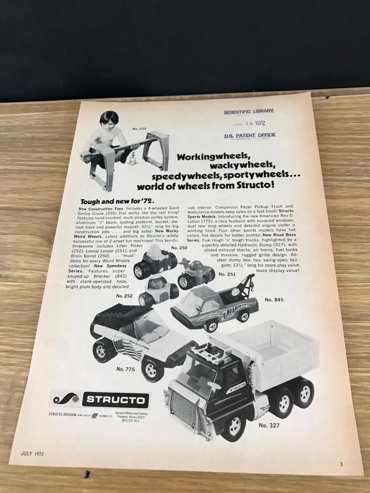 1972 VINTAGE 8X11 TOY PRINT TRADE Ad FOR STRUCTO GANTRY CRANE,WACKY WEIRD WHEELS