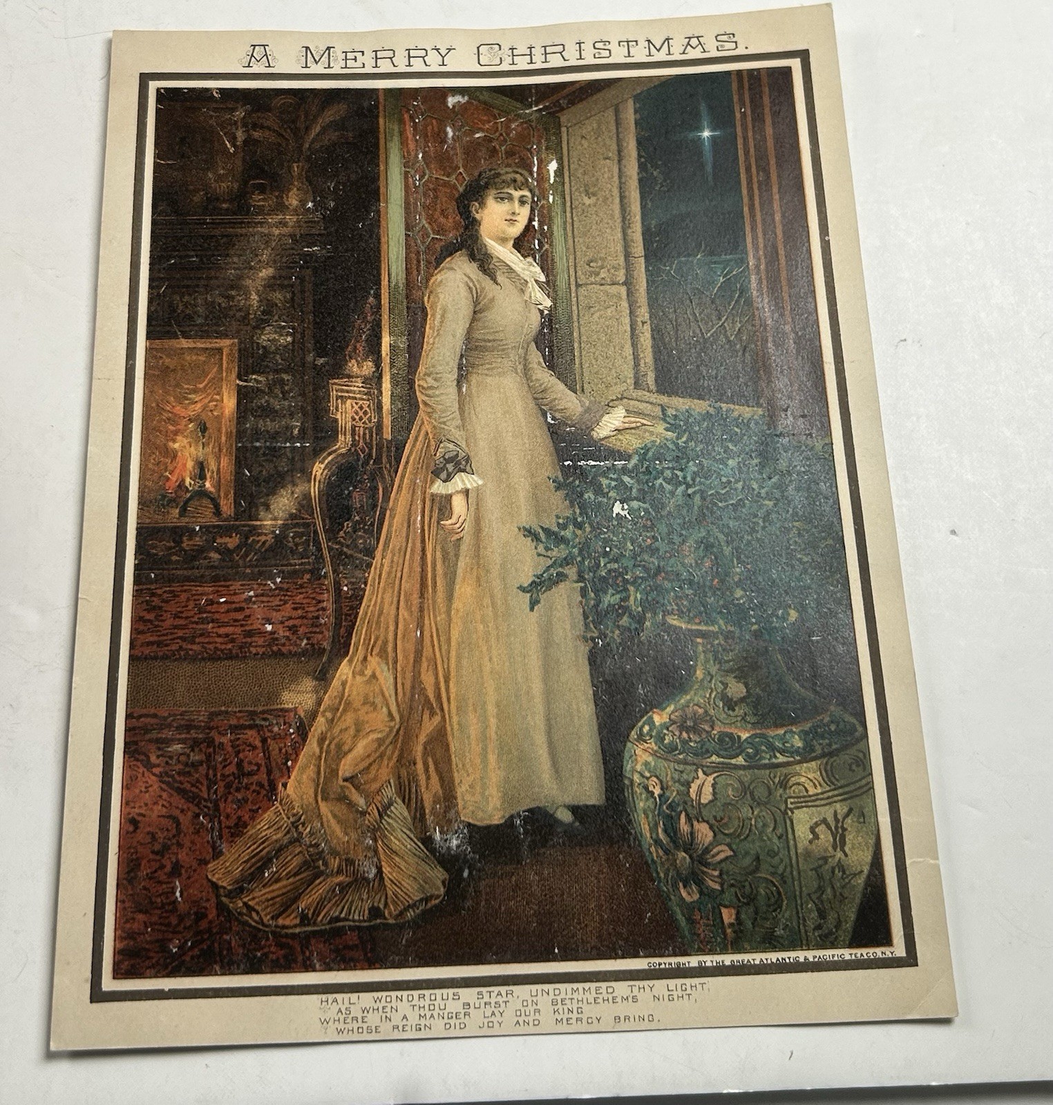 Great Atlantic Pacific Tea Co Large Trade Card Merry Christmas Woman Brown Dress