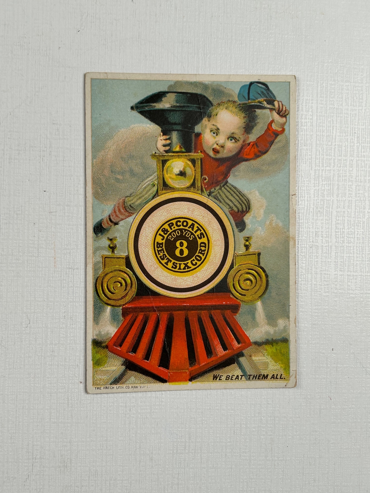 Victorian Trade Card J & P Coats’ Spool Cotton Kid Riding Train