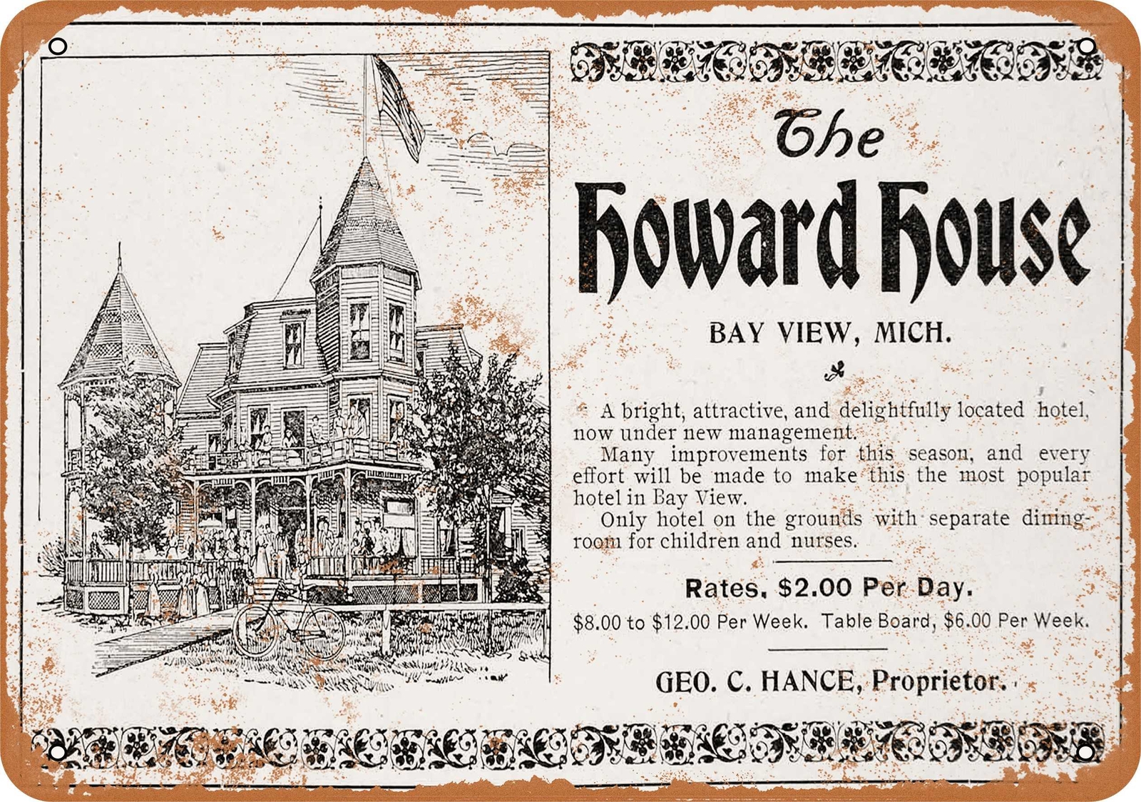 METAL SIGN – 1900 Howard House Bay View Michigan – Vintage Look Reproduction