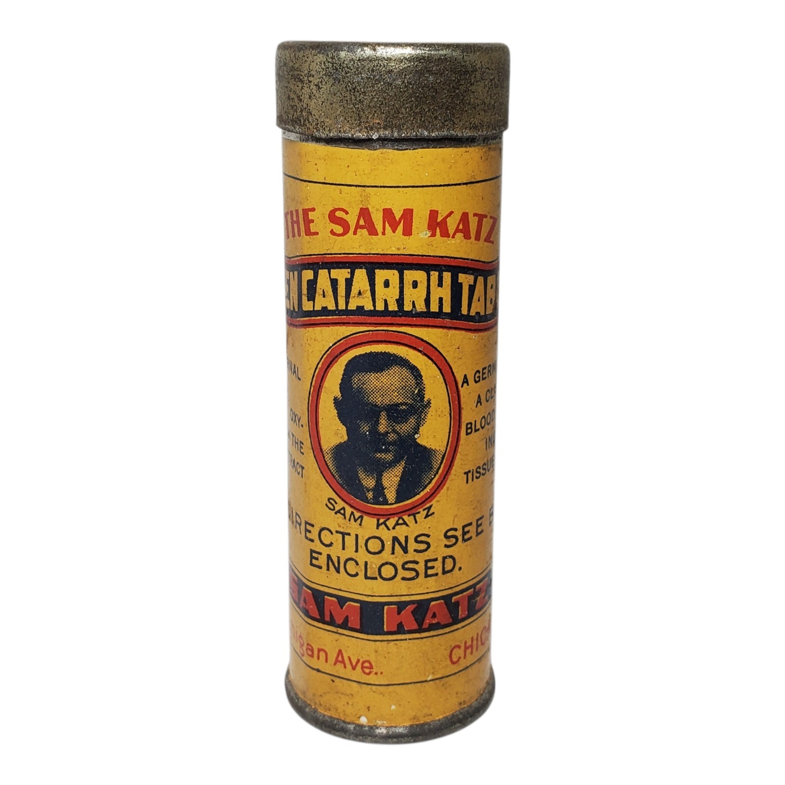 Sam Katz Oxygen Catarrah Tablets Tin Cylinder Chicago Illinois Quack Medical 3″