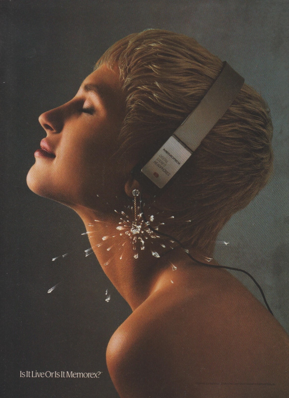 1990 Memorex Stereo Headphones – Music Shatters Girl’s Earring – Print Ad Photo