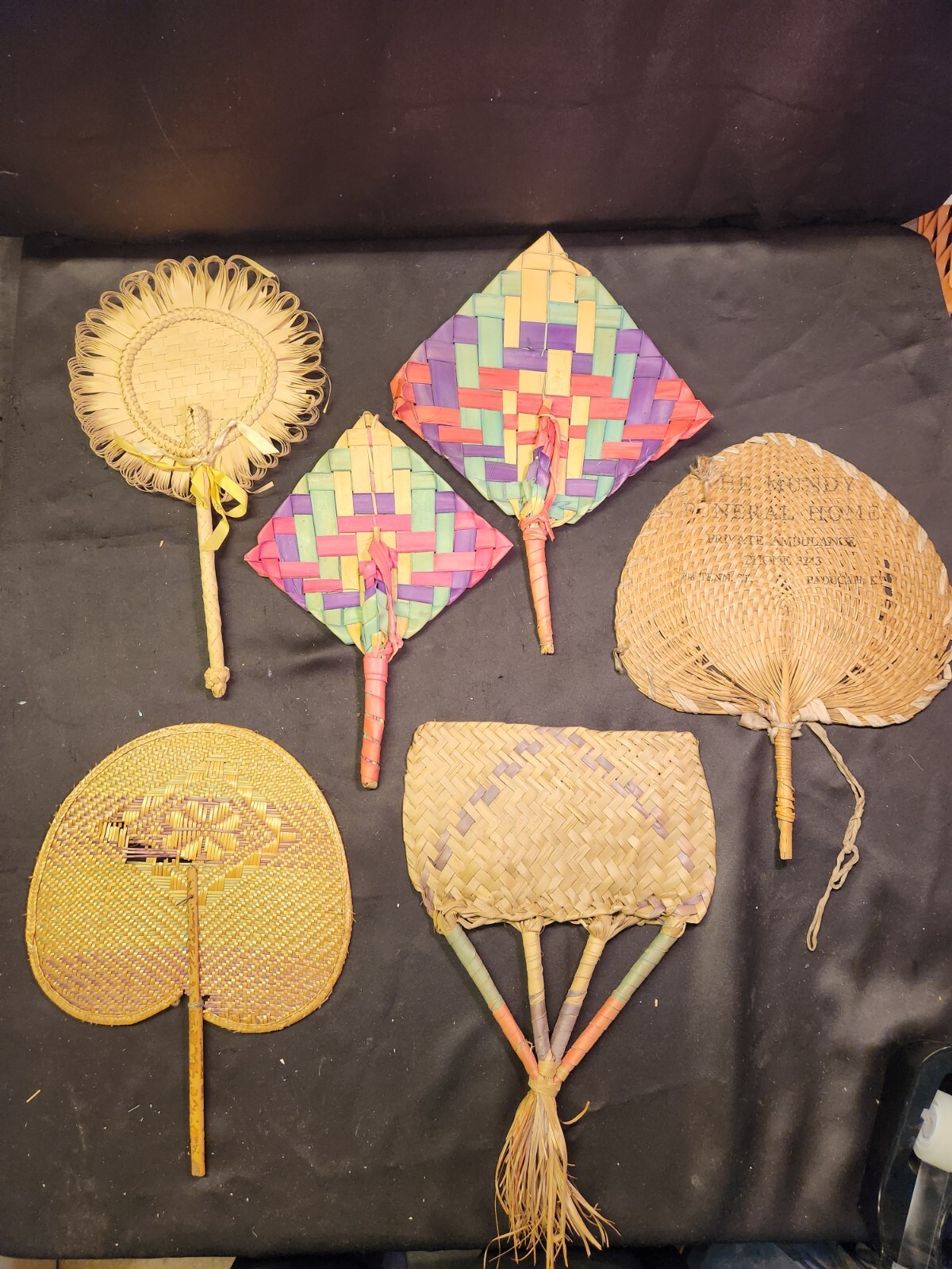LOT OF 6 Vintage Woven Hand Fans The Mundy Funeral Home 4 Digit Phone # Handmade