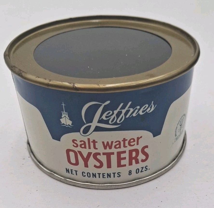 Vintage Oyster Tin Jeffries Salt Water Oysters, Bivalve, NJ 8oz Tin