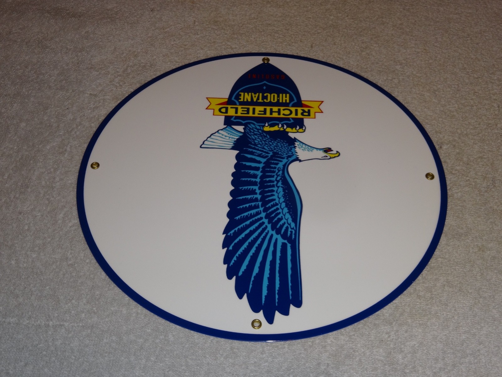 VINTAGE RICHFIELD EAGLE HI OCTANE GASOLINE 11 3/4″ PORCELAIN METAL GAS OIL SIGN!