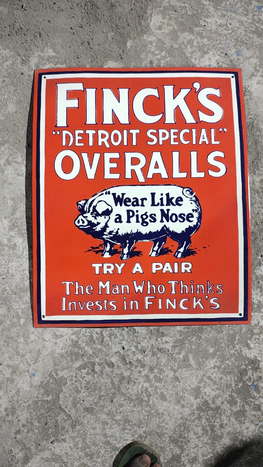 Porcelain Fincks Overalls Enamel Sign Size 24 x 19.5 Inches