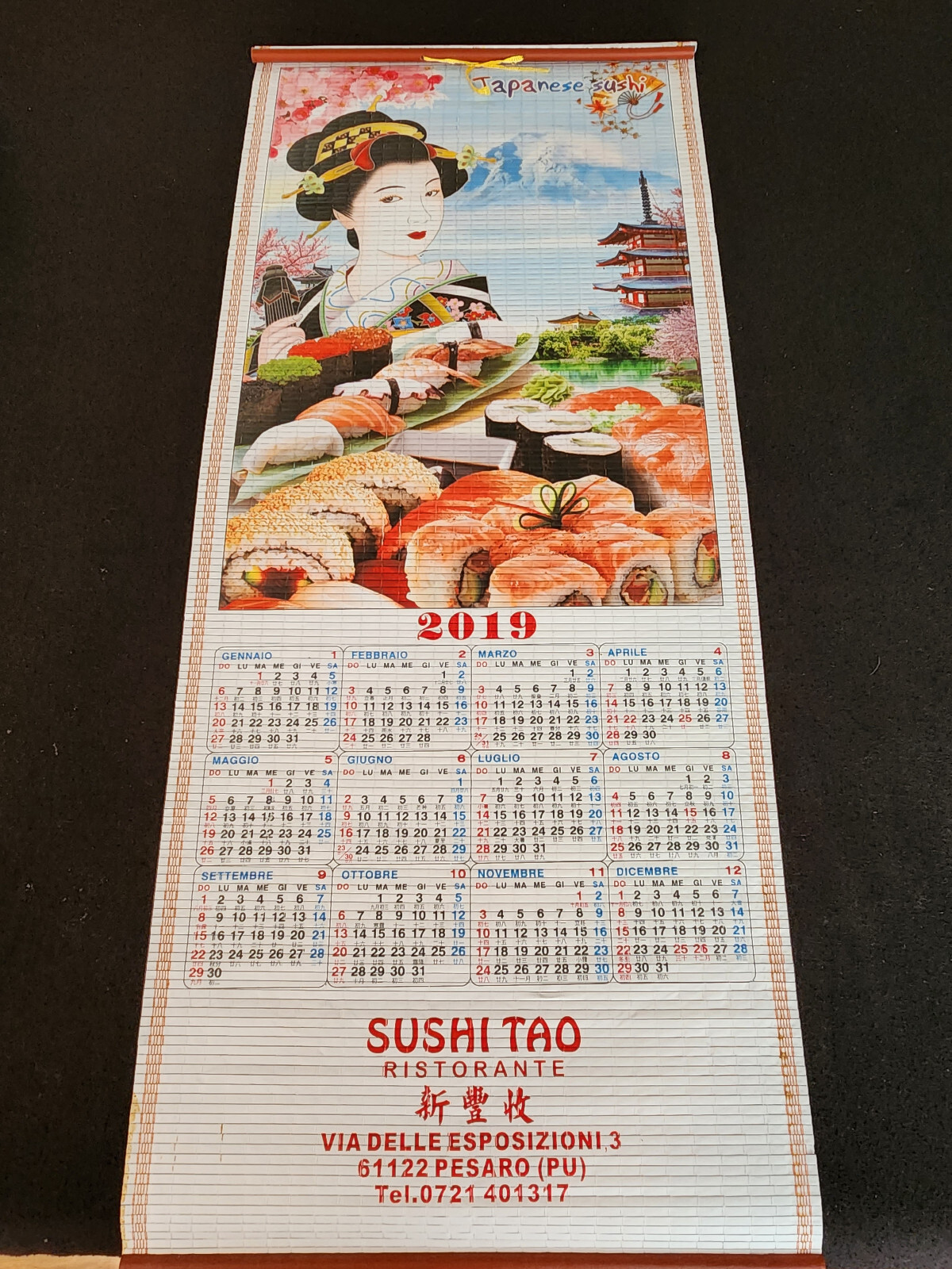RARE 2019 Sushi Tao Ristorante, Pesaro, Italy Calendar Scroll – 30″ x 12-1/2″