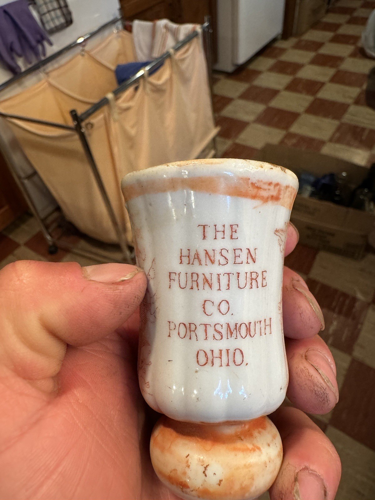 The Hansen Furniture Co Portsmouth OH Ohio Advertising Ceramic Shaker 1910s Era