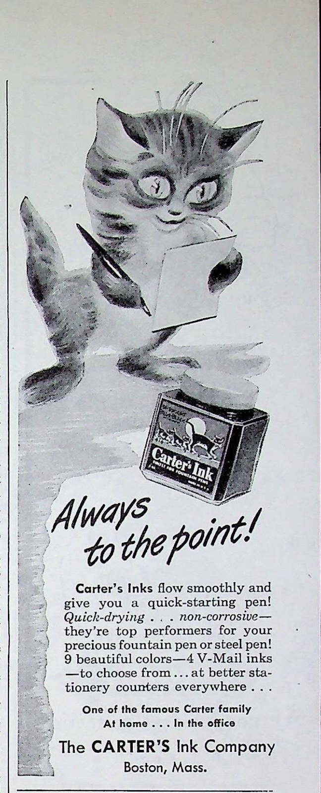 1945 Cater’s Ink Company Vintage Print Ad 1940s Anthropomorphic Cat Pen & Paper