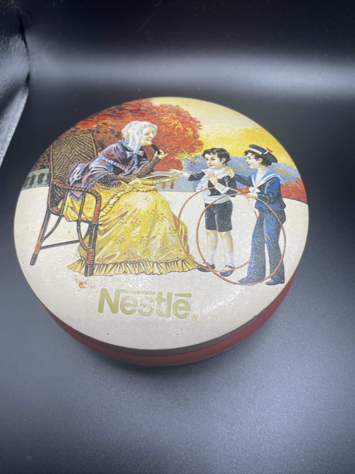 Nestle Tin Round Bristol Ware Lady & 2 Boys Metal Storage 5″ Diameter Vintage