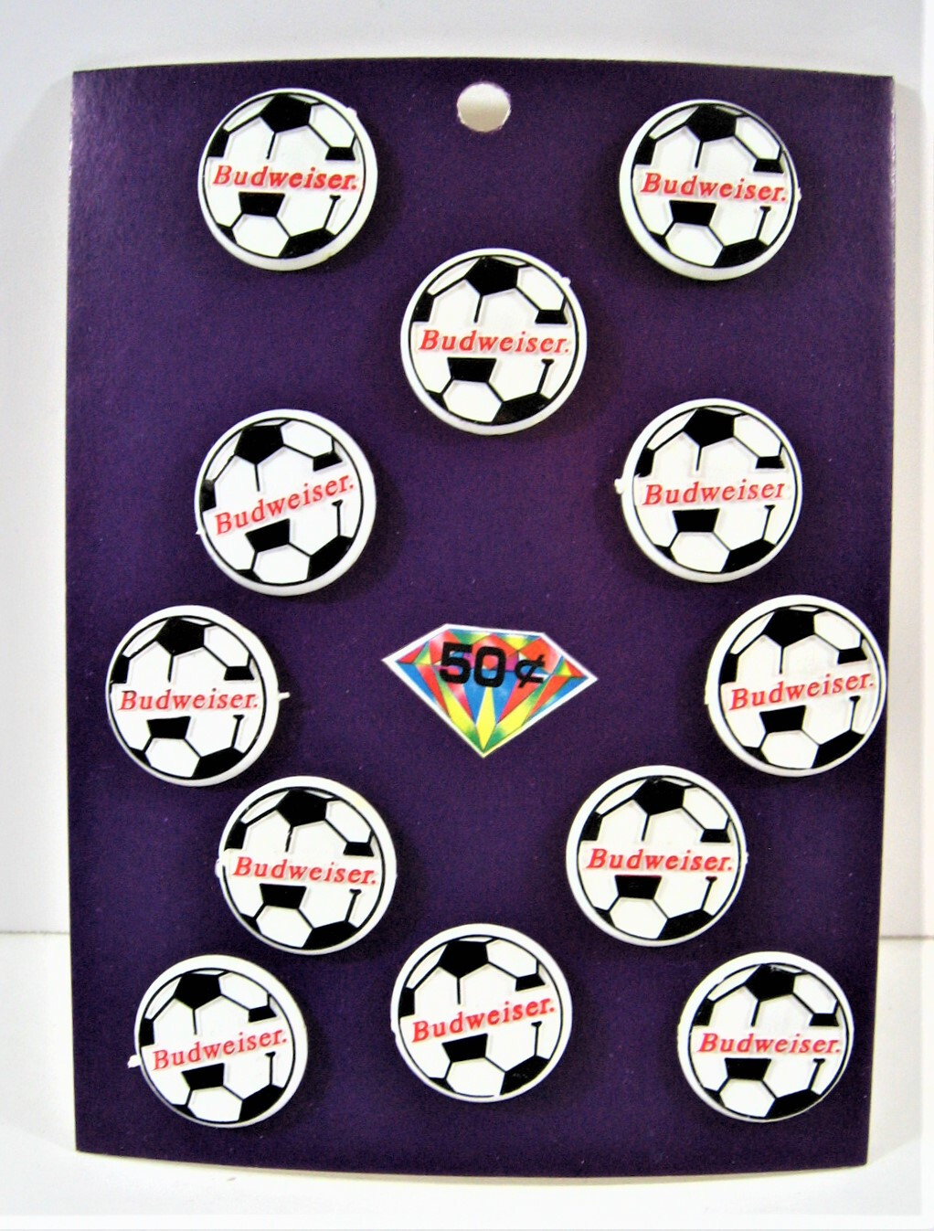 Vintage Budweiser Beer Soccer Ball (Plastic) Pin Display 12 On Card Old Stock