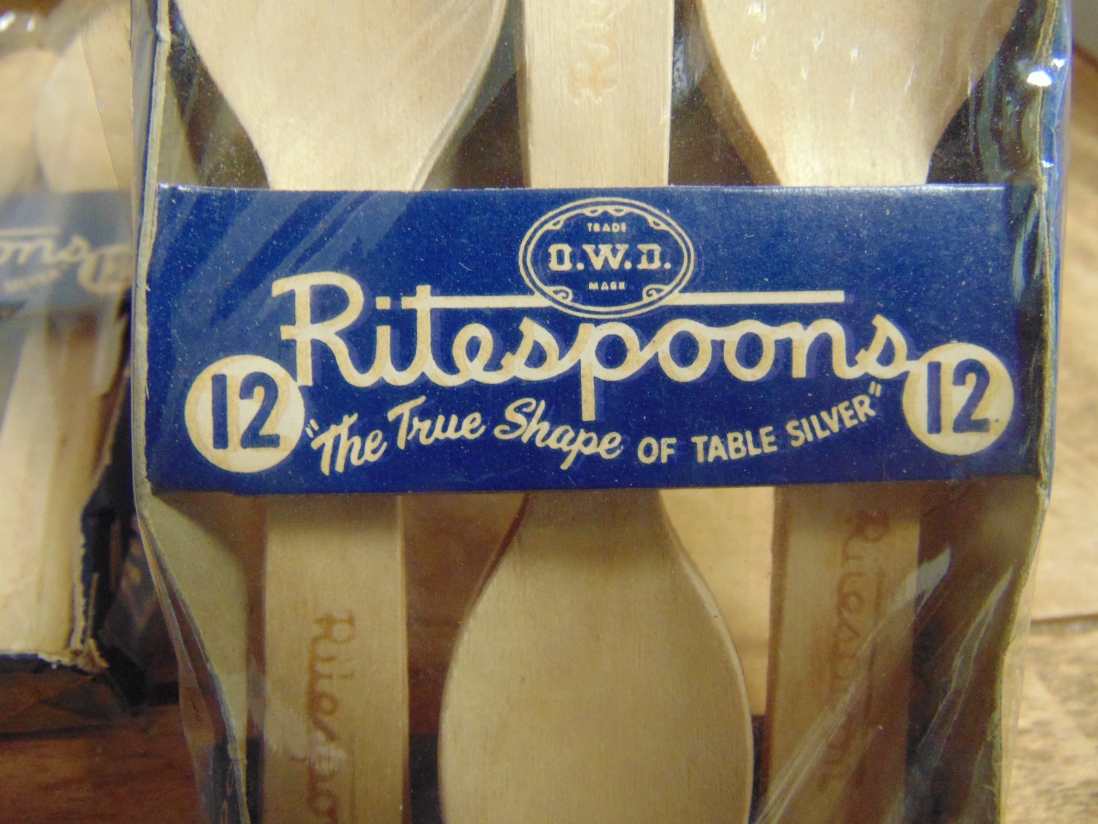 Vtg Ritespoons Wood Disposable Spoons USA 1940’s LOT of 2 Pkgs D.W.D. Oval Wood