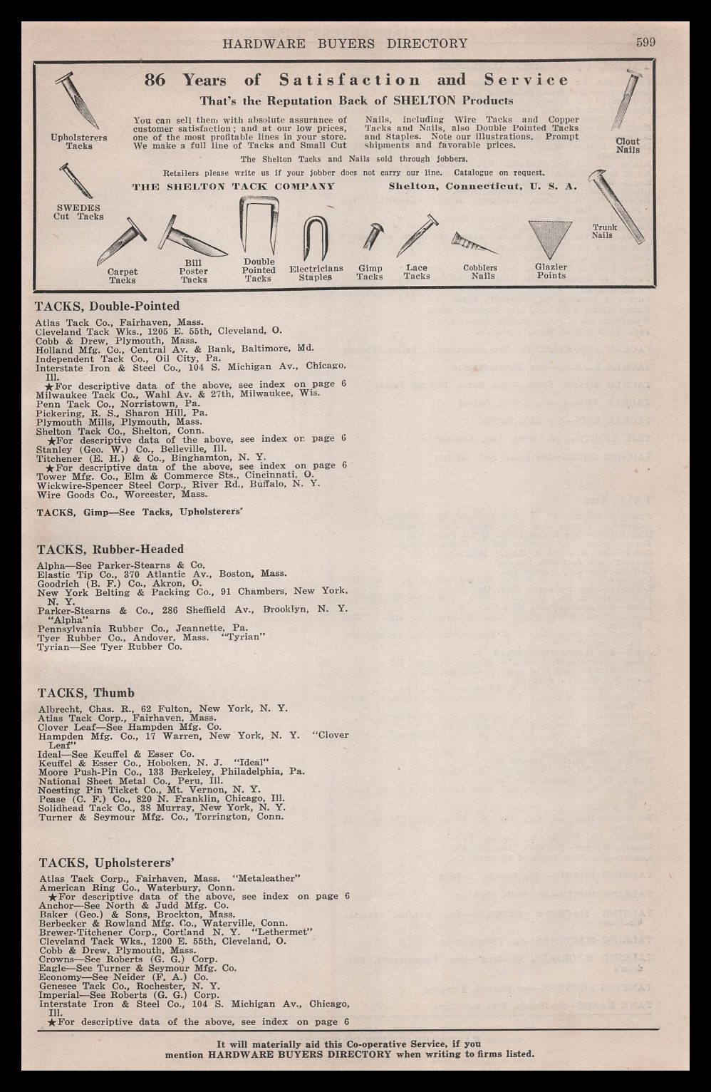 1922 Shelton Connecticut Tack Co. Tacks Points Nails Staples Vintage Print Ad