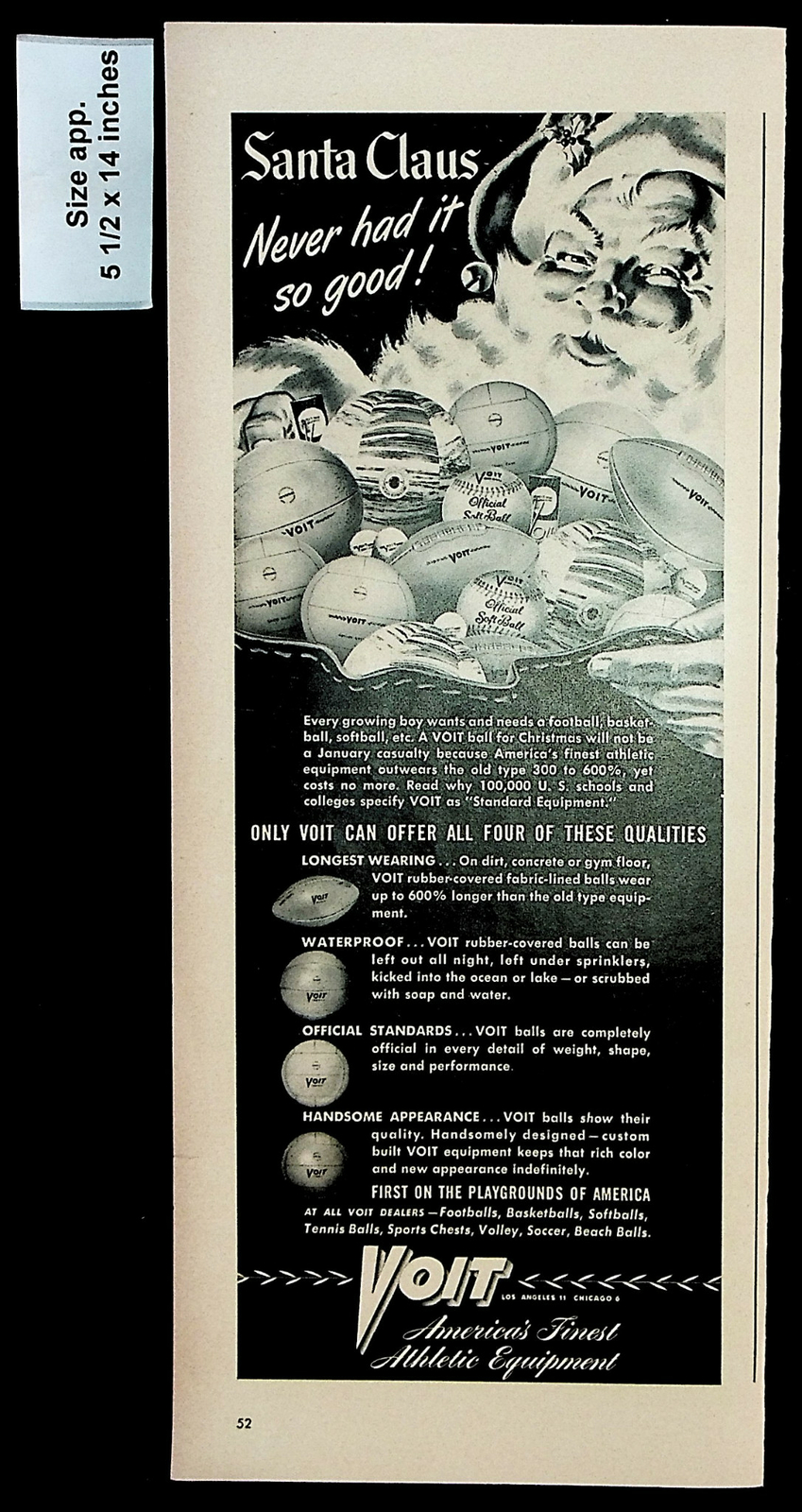 1947 Voit Athletic Equipment Santa Christmas Football Vintage Print Ad 29935