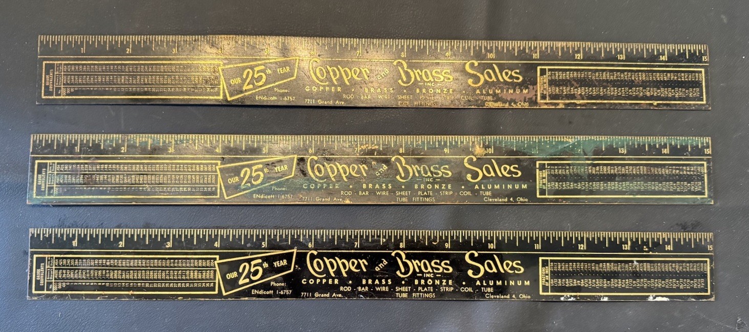 Lot 3 Vintage Copper & Brass Sales Cleveland OH Metal Advertising Rulers 15”