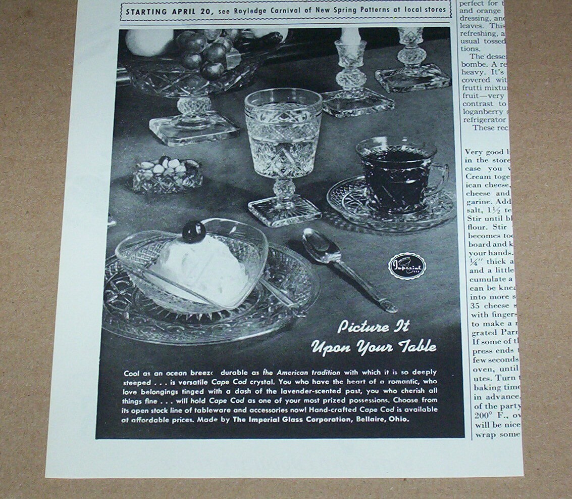 1951 print ad -Imperial Glass Cape Cod crystal glassware Bellaire OH advertising