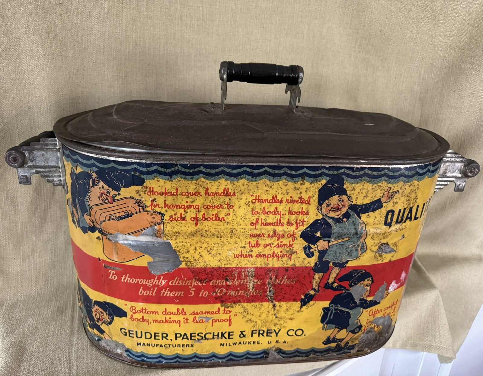 1920’s Cream City Zinc Boiler With Original Gnome Label, General Store Display