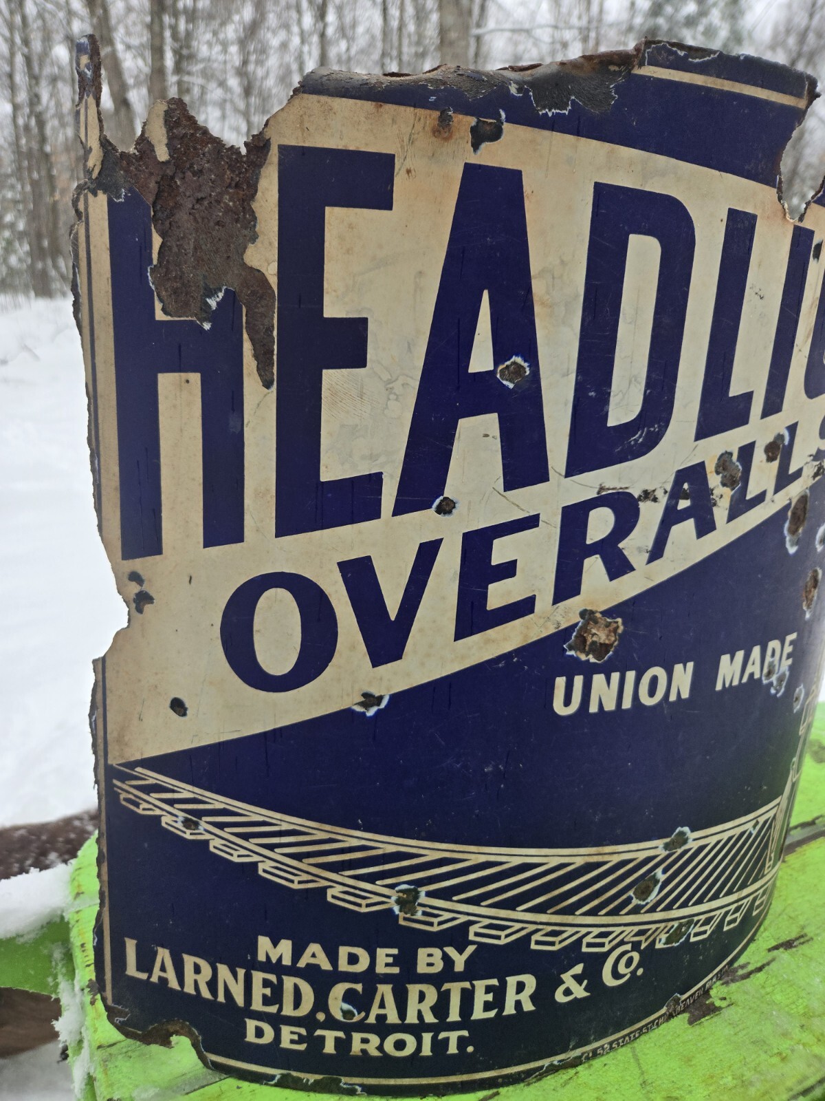 Antique Original Porcelain Headlight Overalls Convex Corner Sidewalk Advertising