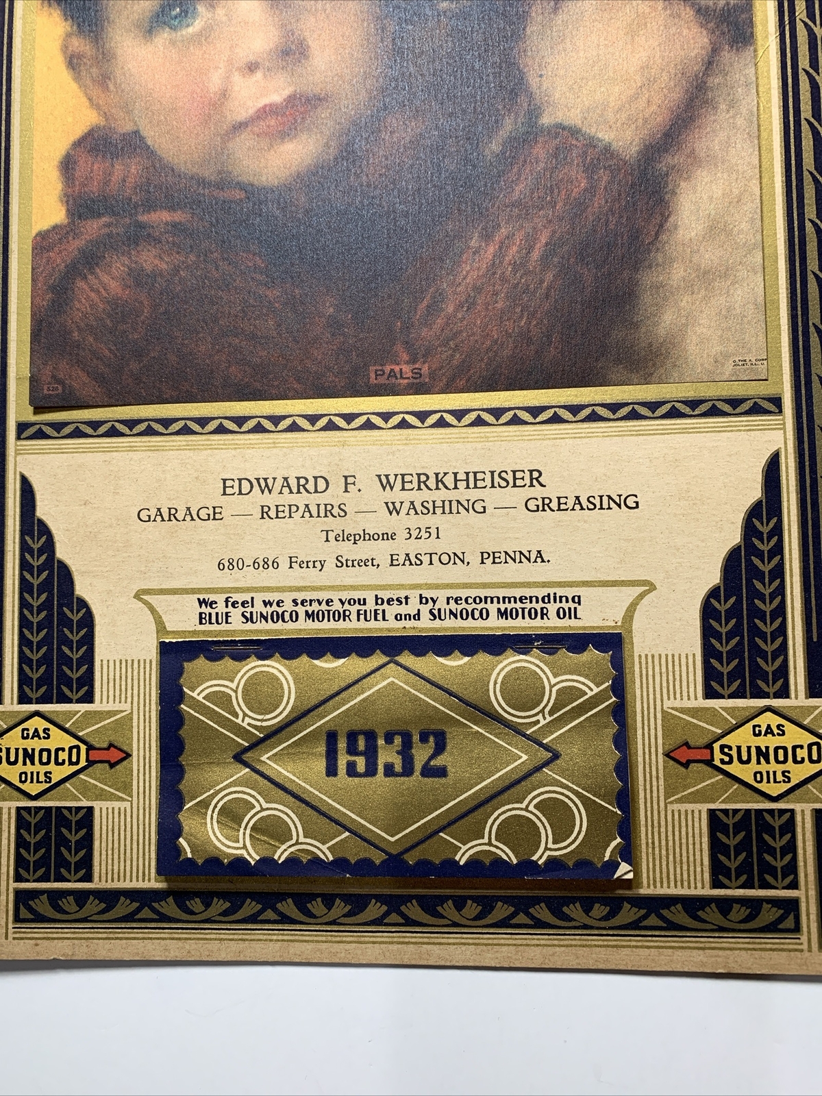 1932 Sunoco Gas Oil Advertising Calendar Sign Easton Pennsylvania Boy & Dog Art