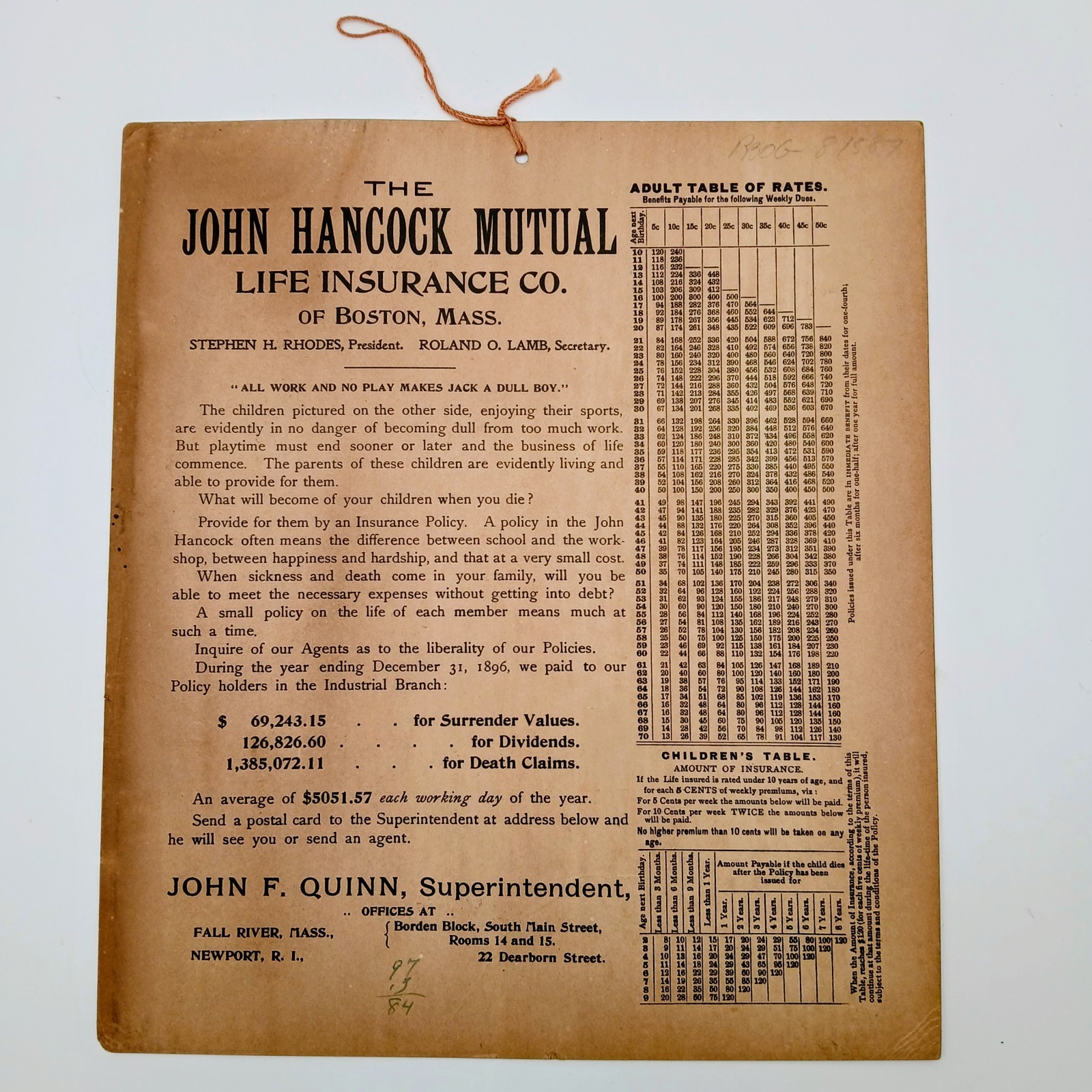 1898 John Hancock Calendar Niagara Lith Co Buffalo Antique Victorian Advertising