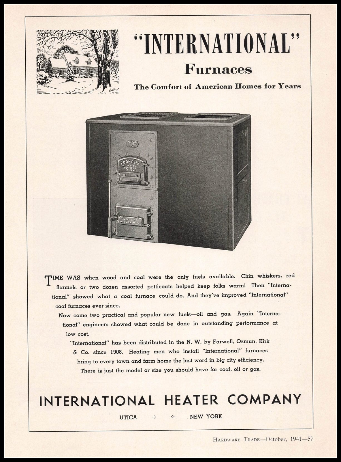1941 International Heater Company Utica New York Home Furnaces Vintage Print Ad