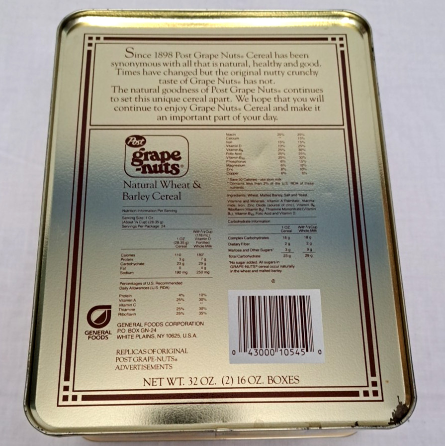Original Nutty Post Grape Nuts Cereal Storage Tin Collectors Vintage Replica