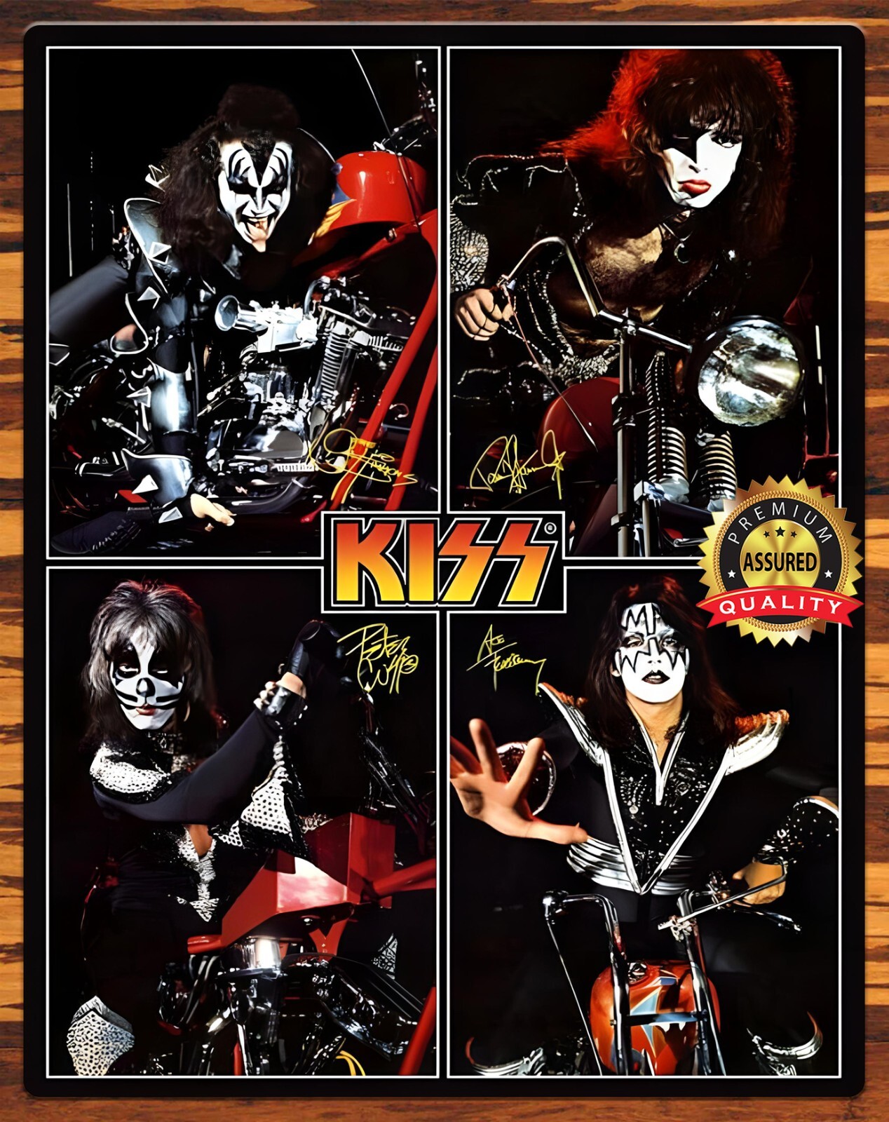Kiss – Paul, Gene, Ace, Peter – Motorcycle Signed Reprint – Metal Sign 11 x 14