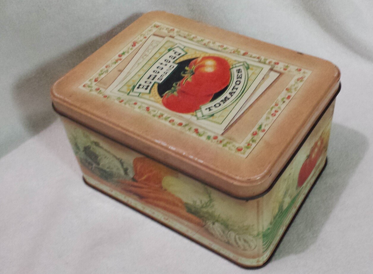 Vtg Empty Metal Tin Rectangular Box w/ Lid Homestead Brand Tomatoes Toleware