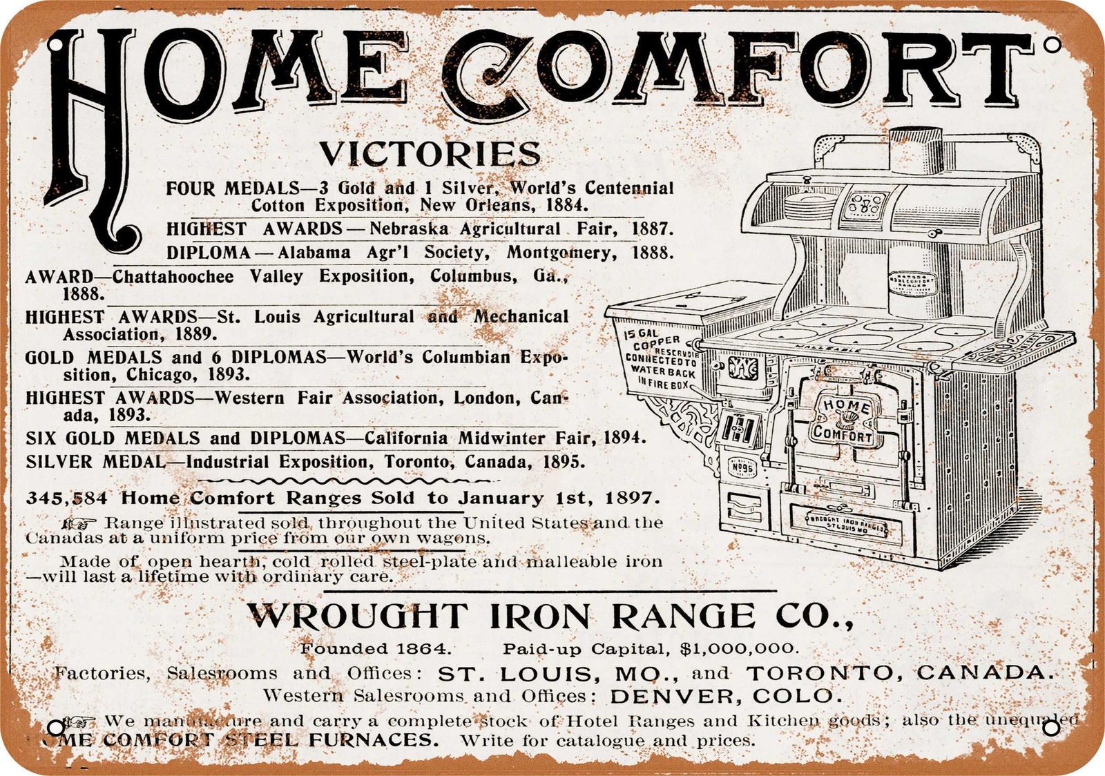 Metal Sign – 1897 Wrought Iron Range Home Comfort Stove – Vintage Look